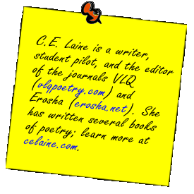 C.E. Laine is a writer, student pilot, and the editor of the journals VLQ (vlqpoetry.com) and Erosha (erosha.net). She has written several books  of poetry; learn more at celaine.com.